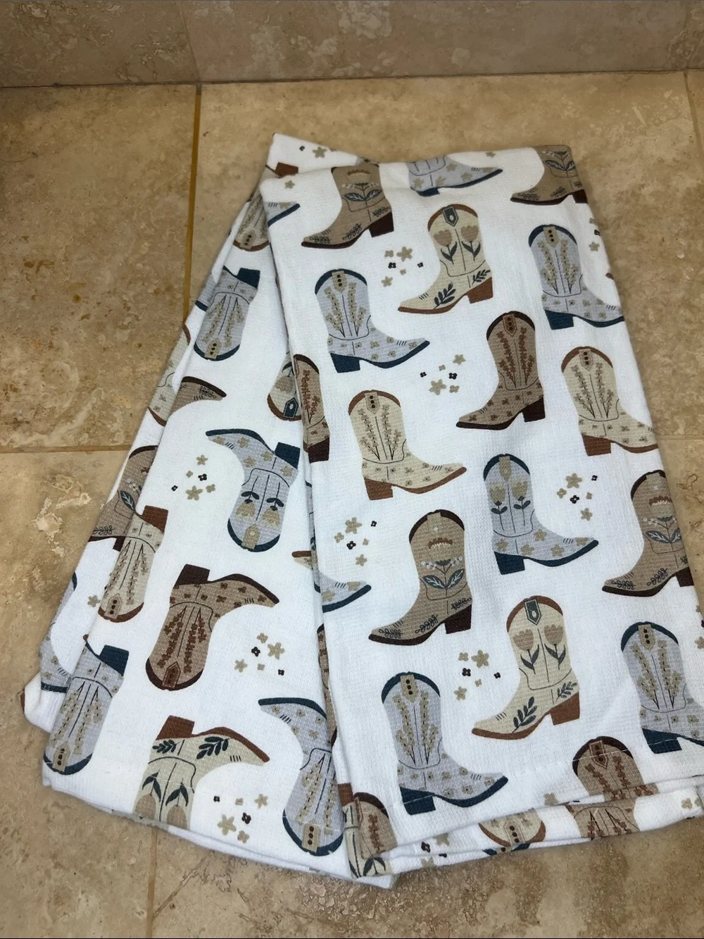 Jessica Simpson White Kitchen Towels with Brown & Blue Cowboy Boot Print
